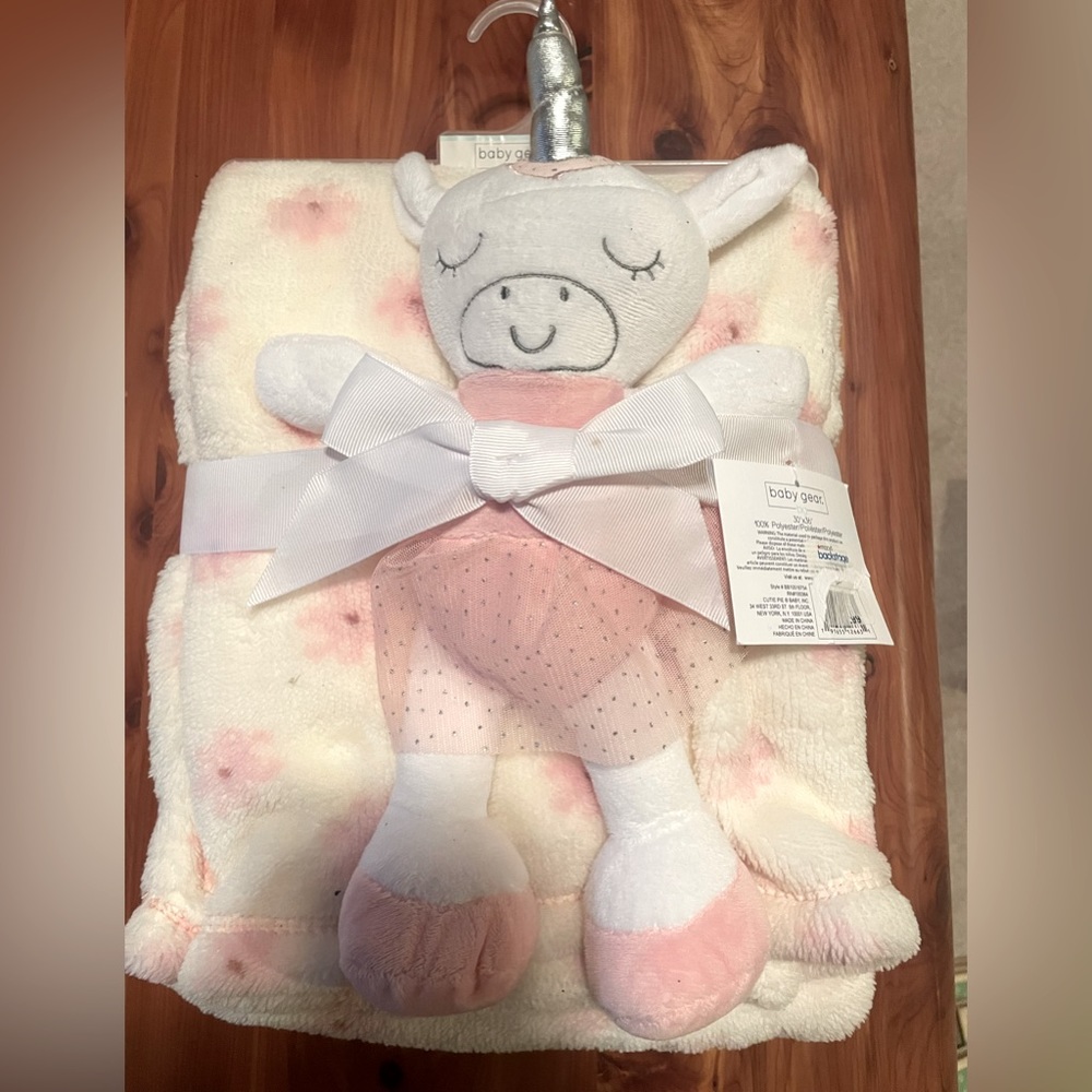 NWT Baby Gear Flower Blanket &  Unicorn Lovey - With Pink Flowers on Blanket